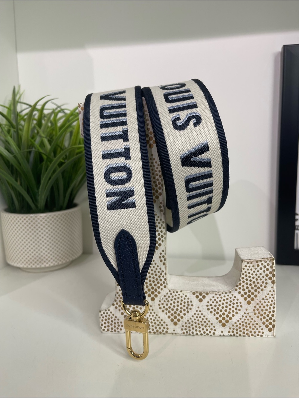 Louis Vuitton Navy and Cream Webbing Logo Shoulder Strap with Gold Hardware